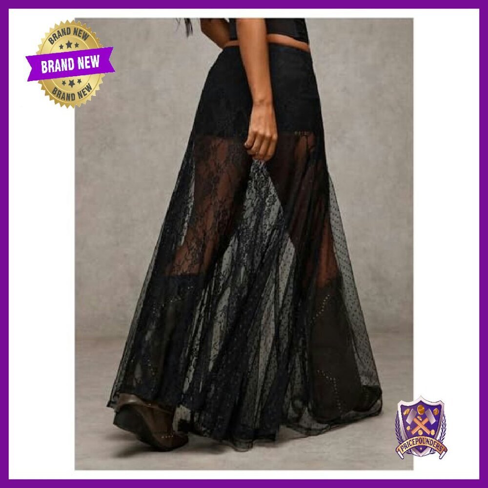 Sheer Lace Maxi Skirt Elastic Waist Flowy A-Line Ruffle Hem - Picture 3 of 8